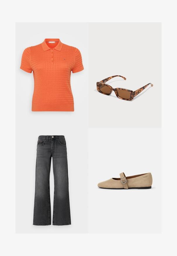 Polo majica kratkih rukava u svijetlo narančastoj boji, s teksturiranim pletenim uzorkom, plaketom s tri gumba i malim logom iznad lijeve strane prsa.; Široke traperice u tamnosivoj boji denima. Imaju pet džepova, kopčanje na dugme i suptilno izblijeđenje na tkanini. Klasični šavovi kao akcenti.; Bež suède Mary Jane balerinke s oštrim vrhom i jednim podesivim remenom sa srebrnom kopčom. Crna ravna potplat.; Naočale u obliku tortoiseshella s pravokutnim smeškim lećama, debelim okvirom i tankim nogicama koje imaju uzorak od različitih nijansi smeđe boje.; Srebrne kružne naušnice s glatkom, poliranom površinom. Okrugli oblik i sigurno kopčanje na klik. Lagani dizajn pogodan za svakodnevno nošenje.