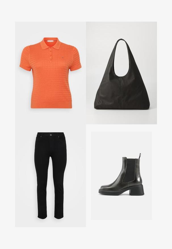 Kortermet polo skjorte i klar oransje, med et teksturert strikkemønster, tre-knaps placket, og en liten logo over venstre bryst.; Sorte denim jeans med slim fit, fem-lomme design, front knappelukking og lett stretch for komfort. Flat, jevn tekstur med minimal detaljer.; Sorte ankelstøvler i svart lær med glatt overflate, elastiske sidepaneler og en kraftig hæl. Har en løftestrop for enklere påkledning.; Svart lær totebag med en buet håndtak, langstrakt trekantet form og glatt tekstur. Har et minimalistisk design uten synlig maskinvare.