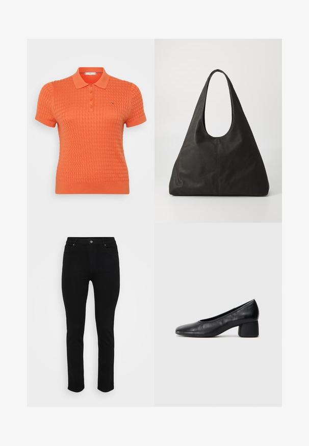 Lyhythihainen polo paita kirkkaan oranssina, jossa on tekstuuri neulekuvio, kolmesta napista koostuva napitus ja pieni logo vasemman rinnan yläpuolella.; Mustat farkut, joissa on kapea malli, viisi taskua, etupainike ja hieman joustoa mukavuutta varten. Tasainen, sileä pinta, jossa on minimaalinen yksityiskohtaisuus.; Mustat nahka avokkaat, joissa on pyöristetty kärki ja keskipitkä lohko korko. Sileä pinta, jossa on minimaalinen yksityiskohtaisuus, ja siinä on hillitty elastinen aukko.; Mustat nahkainen olkalaukku, jossa on kaareva kahva, pitkänomainen kolmion muotoinen rakenne ja sileä tekstuuri. Minimalistinen muotoilu, ei näkyviä metalliosia.; Hopeakauppaketju, jossa on aaltoileva, veistoksellinen muotoilu ja kiiltävä pinta, esittelee epäsäännöllisiä muotoja, korostaen nykyaikaista estetiikkaa.