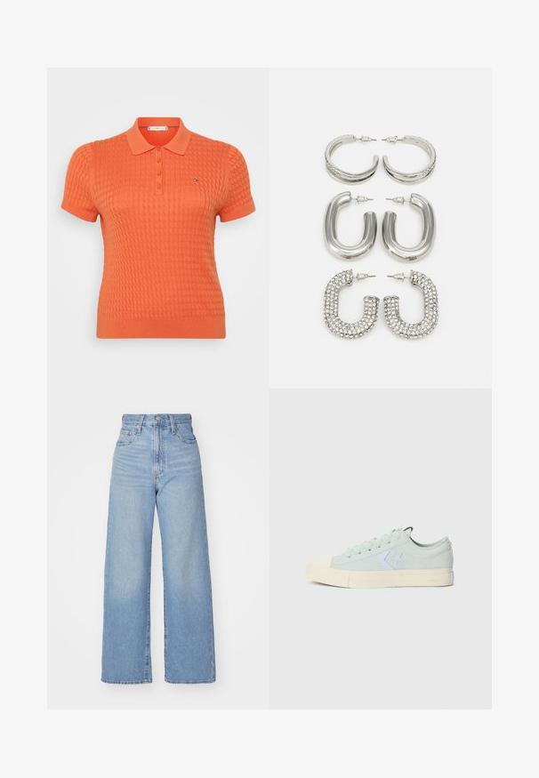 Kortærmet polo skjorte i lys orange, med et struktureret strikmønster, tre-knap lukning og et lille logo over venstre bryst.; Lyseblå højtaljede bukser med bred benåbning, med frontknap og lynlås, samt for- og baglommer, på en hvid baggrund.; Lys mintgrøn canvas sneakers med gummitåhætte, hvid stjerne-logo og cremefarvet gummisål. Har klassisk snørebåndsdesign.; Fire par af sølvøreringe: to blanke glatte hoop-designs, én struktureret og én dækket af små klare rhinsten.