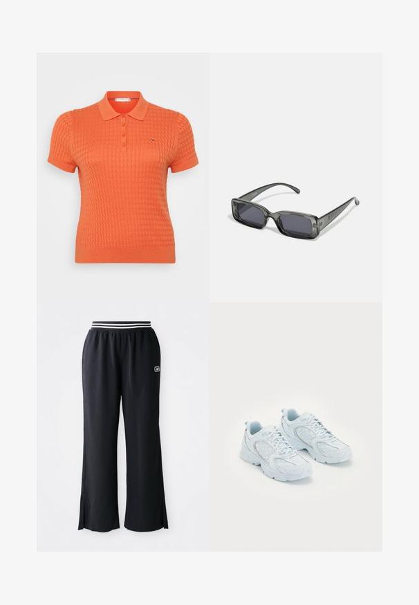 Lyhythihainen polo paita kirkkaan oranssina, jossa on tekstuuri neulekuvio, kolmesta napista koostuva napitus ja pieni logo vasemman rinnan yläpuolella.; Mustat urheiluhousut, joissa on leveä lahjemuotoilu, joustava vyötärö, jossa on mustavalkoiset raidat, ja sivuhalkiot helmaan.; Vaaleansinisen väriset urheilujuoksukengät, joissa on verkkokankainen ja synteettinen päällinen, valkoisilla pilkuilla ja heijastavilla yksityiskohdilla. Kengissä on nauhakiinnitys ja pehmustetut pohjat.; Suunnikkaat aurinkolasit, joissa on läpikuultava tummanharmaa kehys, tummat linssit ja kapeat varret. Huomattava logotieto kehyksessä.
