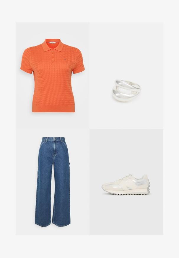 Īsām piedurknēm polo krekls spilgti oranžā krāsā, ar teksturētu adījuma rakstu, trīs pogu aizdari un mazu logotipu virs kreisās krūtis.; Platleņķa zili džinsi ar augstu jostasvietu, kontrastējošām šuvēm un sānu kabatām, ar klasisku piecu kabatu dizainu un neapstrādātiem malām.; Zemu profilu krēmkrāsas un sudraba sporta apavi ar šņorēm un teksturētu zoli, skatīti no sāniem pret vienkrāsainu baltu fonu.; Sudraba divu joslu gredzens ar gludu, pulētu virsmu. Iezīmējas ar plūstošu, izliekta dizaina struktūru ar pārklājošām sekcijām modernam izskatam.