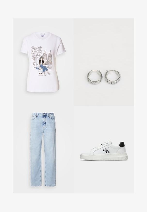 Λευκό βαμβακερό t-shirt με μαύρο και άσπρο γραφικό μιας κοπέλας, δέντρων και ουρανοξυστών, με τζιν λεπτομέρειες και «DKNY» branding.; Ανοιχτό μπλε παντελόνια με φαρδύ καβάλι από τζην, με υψηλή μέση, ξεθωριασμένο πλύσιμο και διακριτό σχέδιο tie-dye μπροστά.; Λευκό αθλητικό παπούτσι χαμηλού προφίλ με μαύρη ταμπέλα στη φτέρνα, πλατφόρμα, κορδόνια και λογότυπο "CK" της Calvin Klein στο πλάι.; Ασημένια σκουλαρίκια κρίκοι με υφή που διαθέτει κατακόρυφες ραβδώσεις. Κυκλικός σχηματισμός με ασφαλές κλείσιμο. Λείος φινίρισμα.