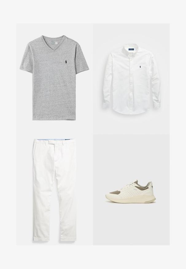 Grå bomull v-hals t-skjorte med korte ermer og en liten svart logo på venstre bryst. Myk tekstur og uformell design.; Hvit skjorte med knapper laget av bomull. Har spiss krage, lange ermer og en liten marineblå logo på brystet. Glatt tekstur.; Hvite chinos i bomull med flat front, beltestropper, sidelommer og en glatt tekstur, med en blå innerkant i livet.; Hvit og lysebeige treningssko, med en mesh-overdel, perforerte detaljer og en teksturert mellomsåle med merkevare på hælen.