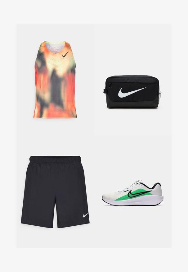 Ανδρικό αμάνικο μπλουζάκι, ελαφρύ ύφασμα από διχτυωτό υλικό σε πορτοκαλί, μαύρο και γκρίζο αφηρημένο σχέδιο; διαθέτει το λογότυπο της Nike και διάτρητη υφή.; Μαύρες αθλητικές βερμούδες από ελαφρύ υλικό με ελαστική μέση. Διαθέτουν ένα μικρό λευκό λογότυπο Nike στην κάτω αριστερή πλευρά.; Λευκό αθλητικό παπούτσι με πράσινη λεπτομέρεια, μαύρο λογότυπο, επάνω μέρος από δίχτυ, μαλακή σόλα και στρογγυλή φτέρνα. Διαθέτει κορδόνια και αντίθετες λεπτομέρειες.; Μαύρη θήκη τσάντας τουαλέτας Nike με λεία υφή, που διαθέτει το λευκό λογότυπο swoosh, κλείσιμο με φερμουάρ στην κορυφή και πλαϊνή τσέπη.