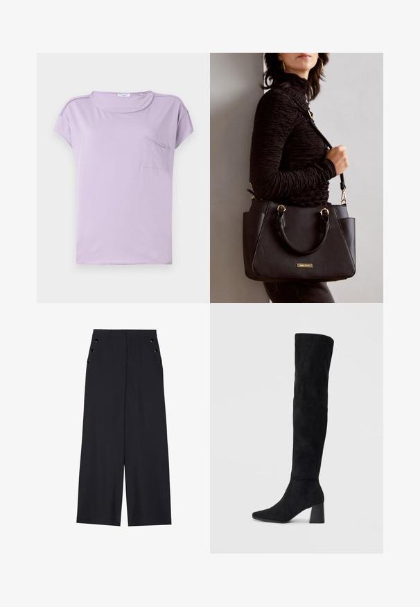 Fialové tričko s krátkým rukávem vyrobené z měkké látky. Má kulatý výstřih a kapsu na prsou. Hladká textura se jemnými švy.; Široké kalhoty z tmavě námořnické látky, s hladkou texturou, předními sklady a dekorativními zlatými nýty na bočních kapsách.; Černé semišové vysoké boty s blokovým podpatkem, špičatou špičkou a hladkým, bezšvovým designem na jednoduchém světlém pozadí.; Černá kabelka s texturovaným povrchem, dvojitými horními uchy a nastavitelným ramenním popruhem. Obsahuje zlaté kovové prvky a boční kapsy.