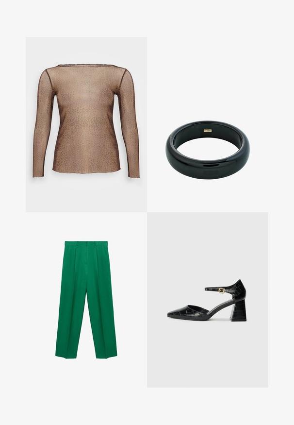 Dolga majica z dolgimi rokavi iz prosojnega materiala z designom leopardjega vzorca, z ovalnim izrezom in oprijetim krojem. Prevladujeta rjava in peščena barva.; Zelene široke hlače z visokim pasom, s pleat spredaj, gladko teksturo in krojem, ki se prilega. Brez vidne opreme ali vzorcev.; Črne patentne usnjene čevlje s visokimi petami, s koničastim nosom, trakcem okrog gležnja in teksturiranim kroko vzorcem. Oblikovanje kvadratne blokaste pete.; Črn smolnati zapestnica z gladko, sijočo površino in zaobljenimi robovi. Ima majhen zlat "Pilgrim" logotip na notranji strani.