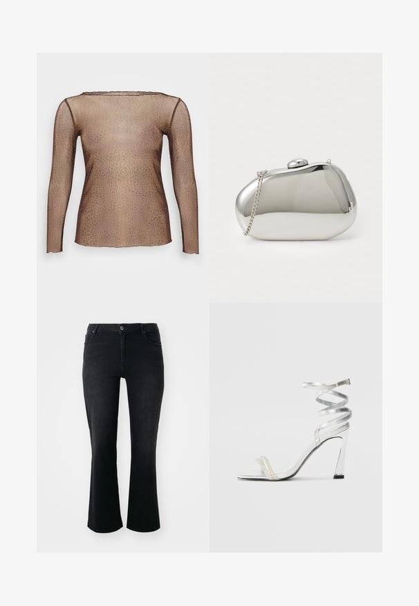Camisola de manga longa em tecido transparente com um design de padrão de leopardo, apresentando um decote canoa e silhueta justa. Cores castanhas e bege predominam.; Jeans de ganga pretos com cintura média, botão frontal, dois bolsos frontais, dois bolsos traseiros e corte de perna flare.; Sandalha de salto alto prateada com um design de tira brilhante, apresentando um detalhe semelhante a uma pérola e uma tira de tornozelo espiralada para um ajuste seguro.; Clutch metálico prateado com uma forma arredondada e suave. Apresenta um fecho de clasp e uma alça de corrente destacável. Superfície refletiva sem padrões.