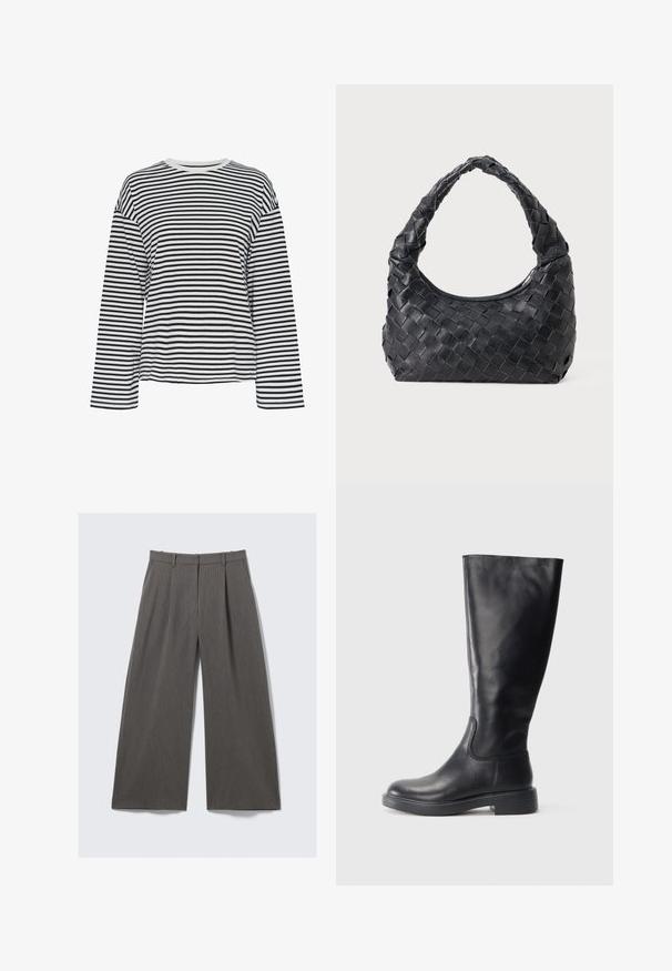 Maglietta a maniche lunghe a righe bianche e nere con scollo a giro. Tessuto morbido, vestibilità comoda e dettagli a contrasto sul colletto.; Pantaloni larghi grigi a righe con passanti per cintura e pieghe, presentati piatti su uno sfondo bianco.; Stivale alto in pelle nera con tacco basso e punta rotonda, vista laterale su sfondo bianco.; Borsa a spalla intrecciata in pelle nera con manico rotondo e corpo a forma di mezzaluna su sfondo semplice.