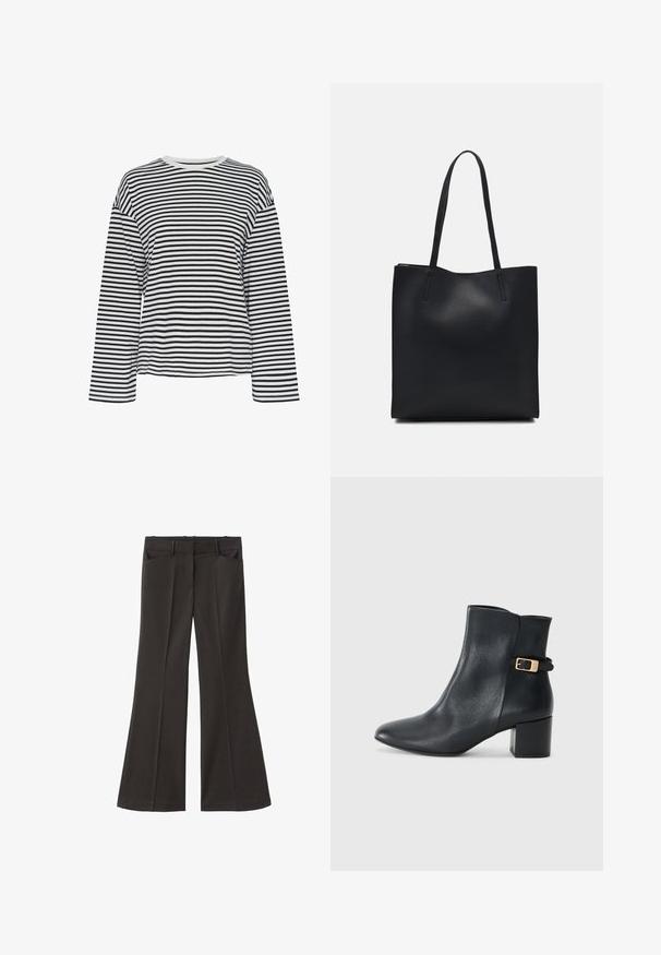 Černobíle pruhované tričko s dlouhým rukávem a kulatým výstřihem. Měkká tkanina, volný střih a kontrastní akcenty kolem výstřihu.; Černé rozšířené kalhoty s vysokým pasem; mají dvě přední kapsy a hladkou texturu látky. Vhodné pro různé příležitosti.; Högl ELLA - Kotníková obuv - schwarz; Černá kožená taška přes rameno s hladkým povrchem, obdélníkovým tvarem a dvěma dlouhými uchy. Žádné viditelné kování ani ozdoby.