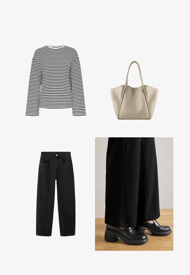 Gestreiftes schwarz-weißes Langarmshirt mit einem Rundhalsausschnitt. Weicher Stoff, lockere Passform und kontrastierende Akzente am Ausschnitt.; Schwarze Denimjeans mit geradem Schnitt, ausgestattet mit fünf Taschen, einem Knopfverschluss und einem klassischen Design. Weiche Haptik mit sauberem Finish.; Schwarze Plateauschuhe mit glänzender Oberfläche und runder Zehenpartie; dicker, strukturierter schwarzer Absatz mit einer leichten Krümmung; getragen mit lockeren schwarzen Hosen.; Beige Leder-Shopper mit einem geräumigen, strukturierten Design. Verfügt über zwei lange Griffe und dezente Nähte; keine sichtbare Hardware.