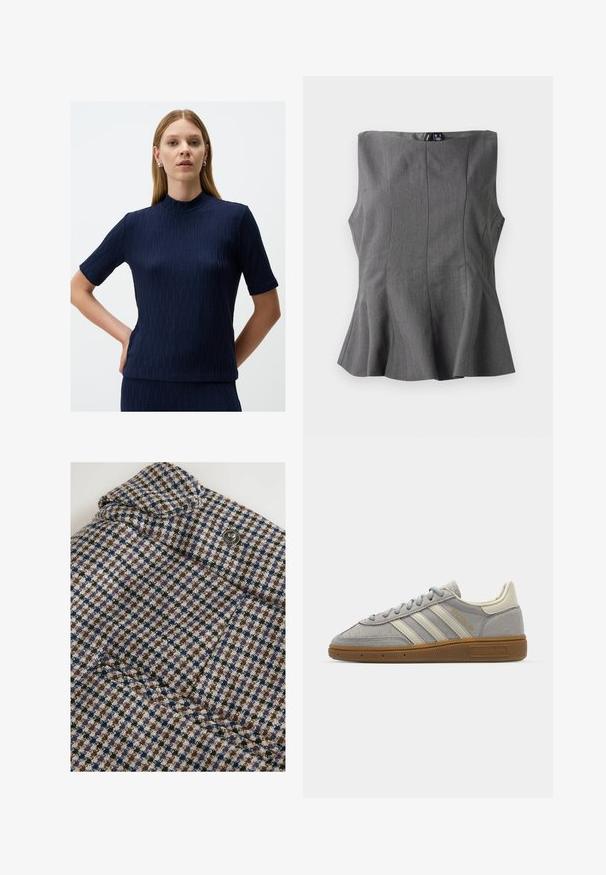Marineblauw T-shirt met korte mouwen, hoge hals, geribbelde textuur en subtiel geometrisch patroon; aansluitende snit en zachte stof.; Grijze peplum top met een gestructureerd, mouwloos ontwerp. Gemaakt van een gladde stof, met verticale naden en een rechte halslijn.; Next REGULAR FIT - CHECK BARREL TAILORED - Broek - brown; Grijze suède sneakers met lichtgrijze leren strepen en een gomrubberen zool. Kenmerken zijn een vetersluiting en subtiele branding op de tong.