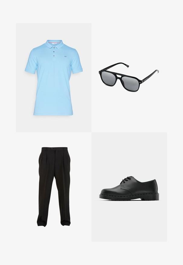 Světle modré polo tričko z bavlny s límečkem, krátkým rukávem, zapínáním na tři knoflíky a vyšitým logem CK na levé straně.; Černé kalhoty z hladké tkaniny, se zapínáním na tlačítko v pase, předními sklady a zúženými manžetami u kotníků. Klasický elegantní střih.; Černé kožené oxfordy s šněrováním, zakulacenou špičkou, plochou gumovou podrážkou a jemným prošíváním podél svršku.; Černé sluneční brýle s obdélníkovými rámy, šedými tónovanými skly a designem s výřezem ve střední části. Hladký, lesklý plastový materiál, s úzkými stranami.