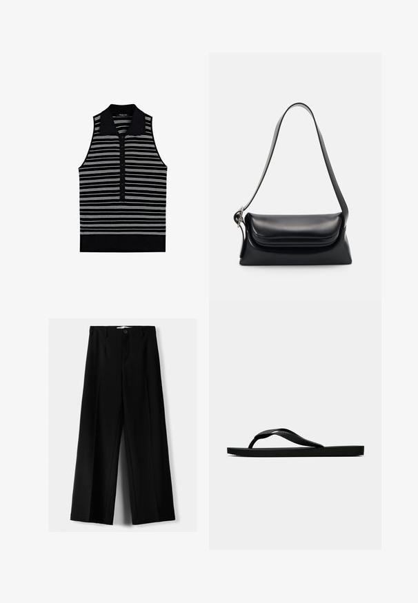 Polo senza maniche con base nera, caratterizzato da strisce orizzontali bianche e un colletto nero. Placca con cinque bottoni in tessuto testurizzato.; Pantaloni neri a gamba larga realizzati in tessuto leggero, caratterizzati da una chiusura frontale con bottone e frontale piatto, con orli cuciti con precisione.; Infradito in gomma nera con cinturino testurizzato e suola piatta semplice, mostrati di lato su uno sfondo chiaro e uniforme.; Borsa a tracolla nera in pelle con una forma strutturata, una texture liscia e una singola tracolla. Presenta un design a patta arrotondata e discreta.