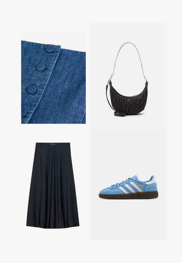 Denimstof in donkerblauw met een getextureerde afwerking. Heeft ronde, met stof bedekte knopen langs de rand en een diagonale naaddetail.; Zwarte, knielange rok van lichtgewicht stof met een vloeiende uitstraling. Kenmerkt zich door een gladde textuur en subtiele plooien voor extra detail.; Lichtblauwe suède sneakers met witte leren strepen, een bruine textuurzool en gouden logo-detail. Laag ontwerp met een ronde neus.; Zwarte nep leren handtas met een gewatteerde textuur, gebogen vorm, zilveren kettingband en een klein logo-accent aan de voorkant.
