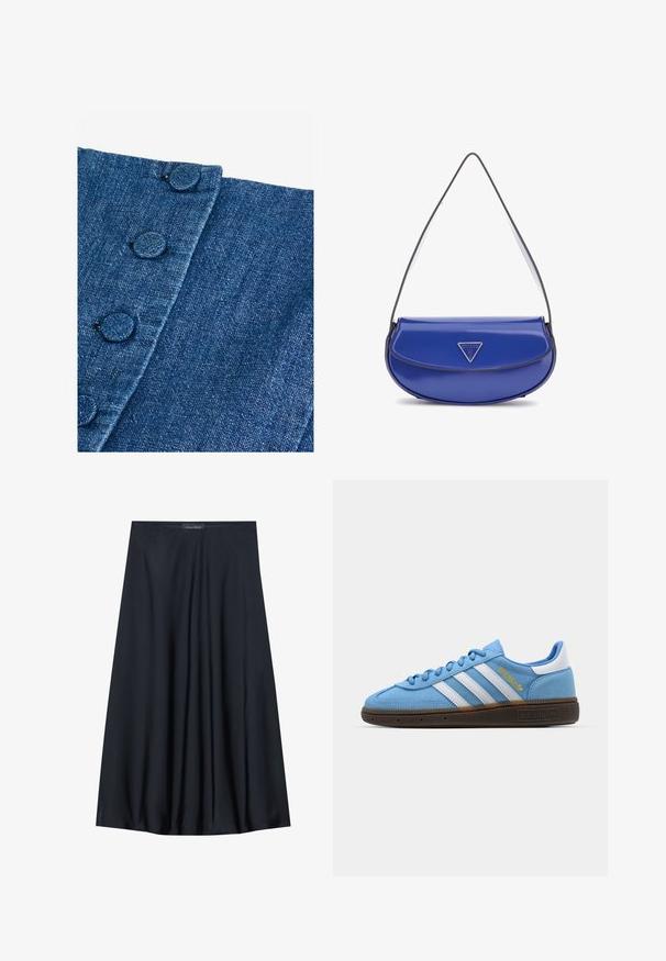 Tummansinisestä farkkukankaasta valmistettu materiaali, jossa on teksturoitu pinta. Reunoilla on pyöreitä, kankaisella pinnalla päällystettyjä nappeja sekä vinosaumaan liittyvä yksityiskohta.; Mustat, polvipituiset hameet, jotka on valmistettu kevyestä kankaasta ja joissa on läpikuultava muotoilu. Ominaisuuksina sileä tekstuuri ja hienovaraiset laskokset lisäyksinä.; Vaaleansiniset mokkasiinit, joissa on valkoiset nahkastripit, ruskea teksturoitu pohja ja kultainen logotiedote. Matala malli, jossa on pyöreä kärki.; Sininen patenttinaulamuovinen laukku, jossa on kaareva muoto, musta reunus ja kolmiomainen metallilogo. Varustettu yhdellä olkahihnalla.