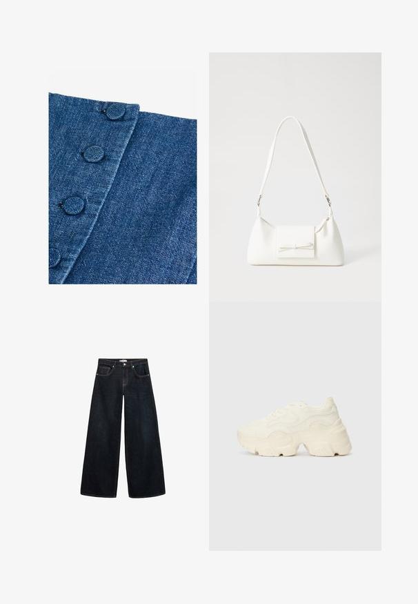 D Denimstoff in Dunkelblau mit strukturierter Oberfläche. Verfügt über runde, stoffbezogene Knöpfe entlang der Kante und eine diagonale Nahtdetail.; Weite, dunkelblaue Jeans mit hoch sitzendem Bund, kontrastierenden Nähten, Vorderentaschen und einem minimalistischen Design.; Flockige weiße Sneaker aus strukturiertem Mesh und synthetischen Materialien, mit einer dicken Sohle und komplizierten Mustern entlang der Seiten.; Weiße synthetische Handtasche in dreieckiger Form, flache Vorderklappe und Schleifendetail, verstellbarer Trageriemen, glatte Textur und minimalistisches Design.