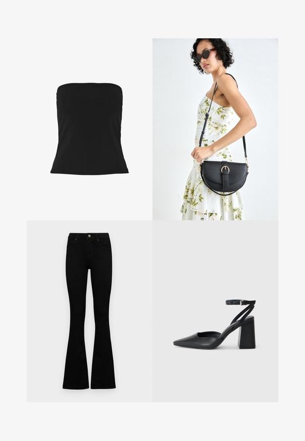 Černý top bez ramínek z hladkého materiálu, s priléhavým střihem a rovním lemem. Žádné viditelné vzory ani detaily z kovu.; Černé vysoké džíny s knoflíkem a zipovým zapínáním, předními kapsami a rozšířenými nohavicemi, ležící na bílé podložce.; Černé kožené lodičky se špičatou špičkou, kotníkovým páskem a silným podpatkem. Hladká textura, elegantní design a minimalistická estetika.; Černá kožená kabelka s křivkovým tvarem, odnímatelným popruhem a zlatými detaily. Kabelka má klopu s přezkou.