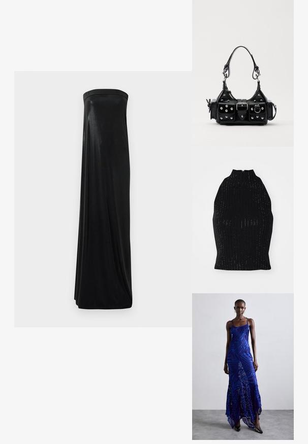 Must mustriga top kõrge kraega, millel on ribakujuline tekstuur ja väikesed augud üle kogu pinda. Seljas tõmblukuga sulgemine.; Must have rihmatu maksi kleit, mis on valmistatud siledast, läikivast kangast. Omab õhulist bodi ja voogavat siluetti, ulatudes põrandani ilma kaunistusteta.; Sinine ja lilla loomade mustriga maksikleit õhukeste rihmadega, keha lähedane pealisosa, laienev allosa ja poolläbipaistev overlays detail.; Must värvi nahast käekott, millel on kaarjas disain, hõbedased nupukesed, kinnitusahe ja kaks külgtaskut. Reguleeritav rihm erinevate kandmisvõimaluste jaoks.