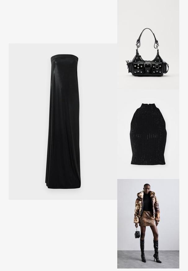 Juoda megzta palaidinė su aukštu apykakle, turinti raukšlių tekstūrą ir mažas skylučių raštus visame paviršiuje. Uždarymas su užtrauktuku gale.; Juoda maxi suknelė be petnešėlių, pagaminta iš glotnaus, blizgaus audinio. Suknelė turi prigludusią viršūnę ir laisvą siluetą, siekiantį grindis, be jokių puošmenų.; Pūkuotas džemperis su rudos ir juodos spalvų raštu, derinamas su rudą gyvatės rašto mini sijonu, juodais ilgaauliais batais iki kelių ir mažyte juoda rankine.; Juodas odinis rankinukas su kreiviu dizainu, su sidabro spalvos knopkėmis, užsegimu ir dviem šoninėmis kišenėmis. Reguliuojama dirželis nešimui.