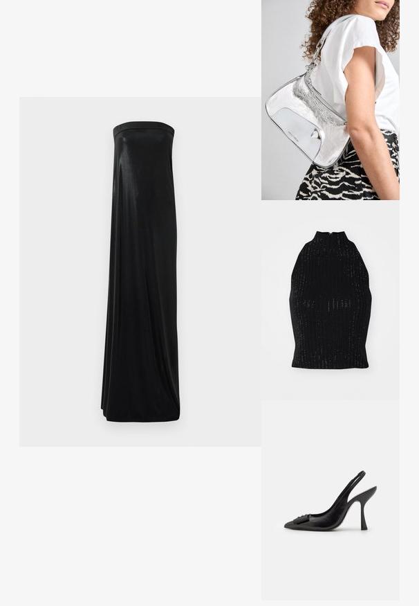 Must mustriga top kõrge kraega, millel on ribakujuline tekstuur ja väikesed augud üle kogu pinda. Seljas tõmblukuga sulgemine.; Must have rihmatu maksi kleit, mis on valmistatud siledast, läikivast kangast. Omab õhulist bodi ja voogavat siluetti, ulatudes põrandani ilma kaunistusteta.; Must musta slingback kingad terava ninaga, kitsas kõrge kontsaga ja dekoratiivse lipsu aktsendiga. Sile tekstuur ja voolav disain.; Hõbedane metallist õlakott, millel on sile tekstuur, kaarduv disain, kettrohke ja poleeritud esipaneel, millel on peen logo graveering.