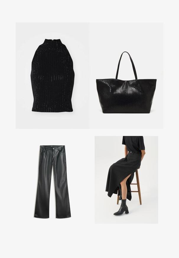 Černý pletený top s vysokým límcem, který má rydlovou texturu a malé dírkované vzory po celé ploše. Zapínání na zip na zadní straně.; Černé kalhoty z umělé kůže s rozšířenými nohavicemi a hladkou texturou, pět kapsami, předním zipem a kontrastním prošíváním.; Černá maxi sukně z lnu s vysokým rozparkem, nošená s černým tričkem a černými kotníkovými botami. Minimalistický design s volným střihem.; Černá tkaná taška přes rameno s dvěma pevným uchy, má lesklou texturu a prostorný otevřený vrch.