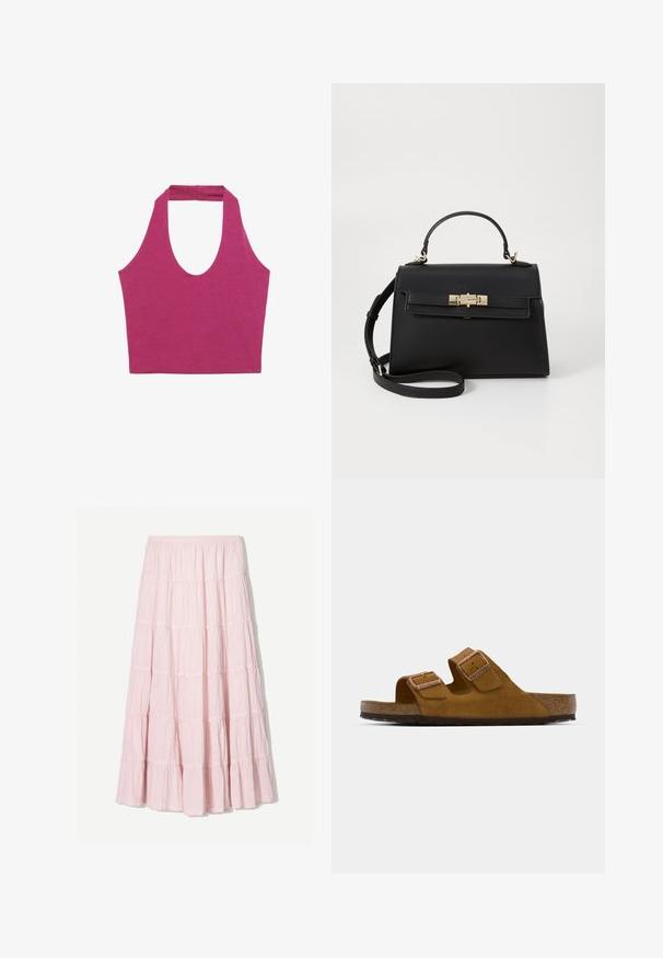 Fuksija halter top s dubokim izrezom na vratu, izrađen od glatkog pamučnog materijala. Ima trakicu na leđima za potporu.; Svijetlo ružičasta, slojevita maxi suknja izrađena od teksturirane, lagane tkanine. Elastična jedinica struka i lepršavi rub s naborima.; Smeđe nubuk sandale sa dva podesiva remena, korkovom unutrašnjošću i teksturiranom gumenom potplatnom. Minimalistički dizajn bez dodatnih ukrasa.; Crna kožna torba sa strukturiranim dizajnom, gornjom drškom, odvojivim remenom za rame i zlatnim detaljima. Ima prednje zatvaranje na kopču.