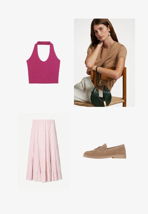 Fuchsia Haltertop mit tiefem Rundhalsausschnitt, aus glattem Baumwollstoff gefertigt. Mit einem Band am Rücken für zusätzlichen Halt.; Helles Rosa, gestuftes Maxikleid aus einem strukturierten, leichten Stoff. Elastischer Bund und fließender Saum mit Rüschendetails.; Wildleder Slipper in hellbeige mit runder Zehenpartie, ausgestattet mit einem dekorativen Riemen und goldfarbenen Details, auf einer leichten Gummisohle.; Brauner kurzärmeliger Pullover, kombiniert mit einer grünen Lederhandtasche mit geschwungenem Design und goldenen Hardware-Details, die auf einem Holzstuhl sitzt.