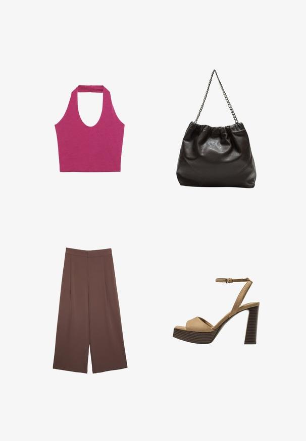 Fukšija halter top s globokim izrezom, izdelan iz gladke bombažne tkanine. Ima pas na hrbtu za podporo.; Rjave široke hlače z gladko teksturo, ki imajo visok pas in sprednje naborke. Tkanina je lahka in prosto pada.; Bež semiš sandali na visoki peti z širokim sprednjim trakom in trakom okoli gležnja, opremljeni z debelim lesenim blokom peto z teksturirano površino.; Rjava usnjena torba z nabranim vrhom in verižnim trakom. Gladka tekstura z sijajno površino in subtilnimi šivi na straneh.