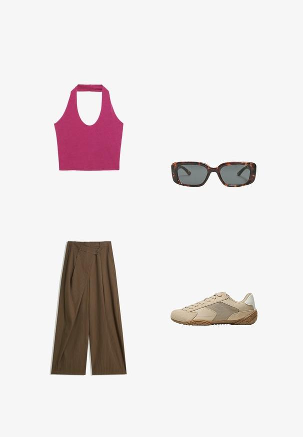 Fuksia halterneck-toppi, jossa on syvä pyöreä kaula-aukko, valmistettu sileästä puuvillakankaasta. Takana on tukiin tarkoitettu nauha.; Ruske leve hlače z ozkimi belimi črtami, visok pas, sprednje zapiranje na gumb in prekrivni panel v stilu zavijanja.; Vaahto-harmaa urheilukenkä, jossa on mokkanahkainen ja verkkomainen yläosa, teksturoitu kumipohja ja litteät nauhat. Sileät yksityiskohdat kantapäässä ja pyöristetty nenädesign.; Silmälasit pähkinäkuoresta, joissa on suorakulmaiset linssit, paksut kehykset ja tummennetut linssit. Sileä pinta ja minimalistinen muotoilu.