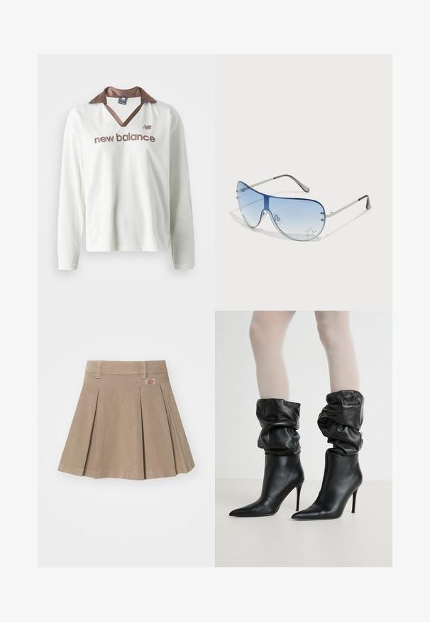 Valge võrkmaterjalist pikkade varrukatega särk pruuni satiinist kraega. Esiküljel on pruuni värvi "new balance" logo. Lõdva spordistiiliga.; Beez värvi volditud seelik, mis on valmistatud tekstureeritud kangast. Omab vöökohta koos vööaasadega ja logotaskut vasakul ees.; Mustadest nahast pahkluükse saapad, millel on lahtine disain, terav ninajoon ja kõrge stilettokand, ning pehme, tekstuuriga viimistlus sääremuus.; Aviatori prillid, millel on gradient sinine objektiiv, hõbedane metallraam ja dekoratiivsed staaraktsendid objektiivil. Sujuv ja stiilne disain.