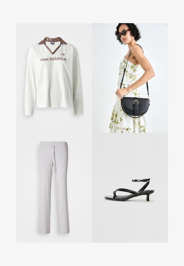 Hvit nett langermet skjorte med en brun satengkrage. Har "new balance"-logo i brunt over fronten. Casual sportsdesign.; Lyst grå, ripet stoff loungebukser med strikk i midjen og bred ben-design. Glatt tekstur, hel-lengde silhuett.; Sorte patentlær sandaler med lav hæl, der har krydset remme og en justerbar ankelrem. Glat, skinnende overflade.; Svart lærveske med en buet form, avtagbar stropp og gullbeslag. Vesken har et klaff med spenne-detall.