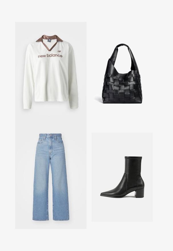 Cămașă albă cu mâneci lungi din plasă, cu guler din satin maro. Prezintă logo-ul "new balance" în maro pe față. Design sportiv casual.; Jeans cu talie înaltă, de culoare albastru deschis, cu croială largă, dotate cu nasture și fermoar la față, buzunare în față și spate, pe un fundal alb.; Botină neagră până la gleznă, fabricată din piele netedă, cu vârf ascuțit, toc tip bloc și cusături proeminente distincte la marginea superioară.; Geantă de umăr din piele neagră împletită, cu o formă lejeră și un umăr lat. Prezintă un design texturat, împletit, cu o finisare netedă.