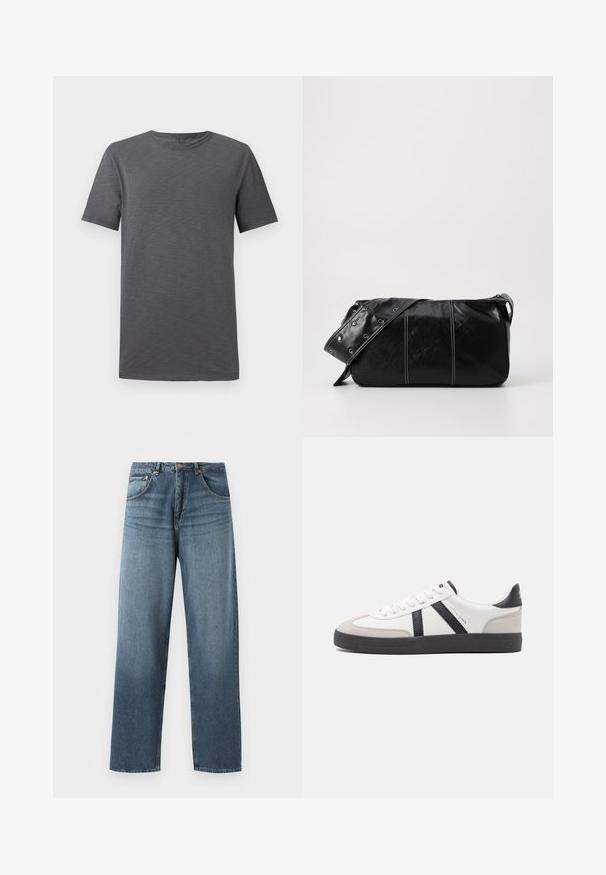 Šedé tričko s krátkým rukávem vystavené na bílém pozadí, s kulatým výstřihem a jednoduchým, neformálním designem.; Džíny s rovnými nohavicemi, modré jeansy s vybledlým vzhledem, s pěti kapsami, kovovým knoflíkem a poutky na opasek. Strukturovaná, středně těžká látka.; Bílé tenisky s černými a šedými akcenty, opatřené texturovaným šedým prstovým krytem, černou gumovou podrážkou a plochými bílými tkaničkami. Čistý design, minimalistický styl.; Černá kožená kabelka přes rameno se zapínáním na zip, s texturovaným tělem, bílým prošíváním a popruhem se stříbrnými očky.
