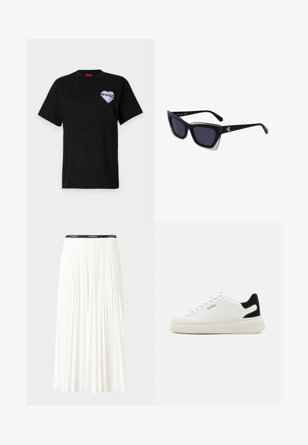 Sort bomulds t-shirt med rund halsudskæring og korte ærmer, med et hvidt hjerteformet "HUGO" logo på venstre bryst.; Plisseret hvid nederdel med en sort elastisk talje, der har "LACOSTE"-logoet. Mellemlang design med blød tekstur.; Hvide lædersneakers med en tyk hvid sål, sort ruskindhælvægt og prægede logoer på siden. Snørebåndsdesign med seks øjer.; Store sorte oversized solbriller med geometrisk form, med mørke linser og en kontrasterende grå detalje på stellet. Logo på armen.