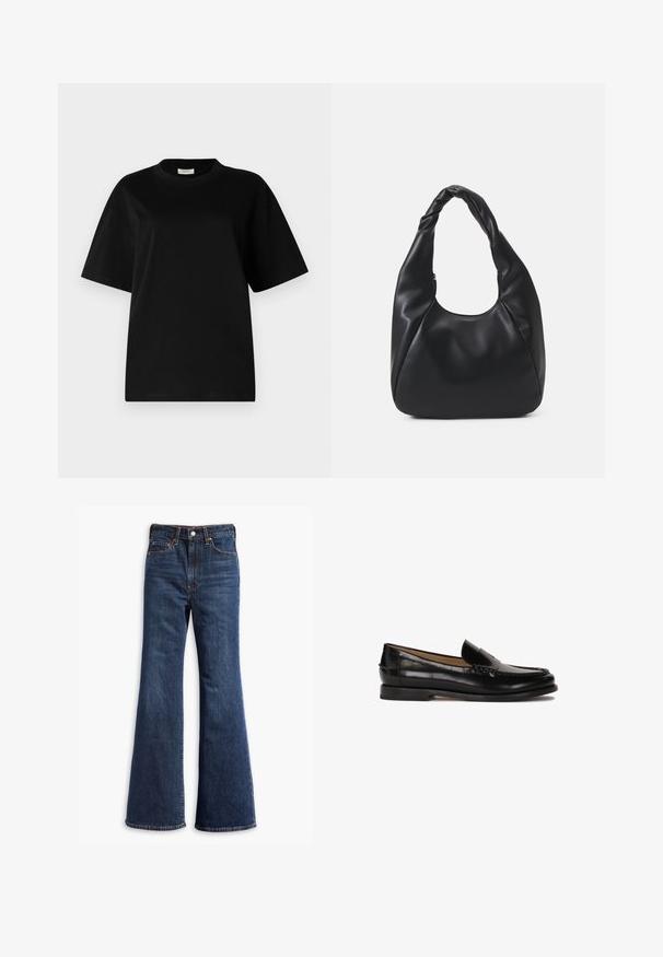 Gina Tricot BASIC OVERSIZED TEE - Paprasti marškinėliai - black; Aukštos juosmens tamsiai mėlyni džinsai su pločio kojomis, priekinis mygtukas ir užtrauktukas, bei penkių kišenių dizainas.; Juodas odinis loafers stiliaus batelis su apvaliu nosimi, lengvai užsidedantis dizainas ir subtilūs siuvinėjimo detalės viršuje. Lygus guminis padas.; Juodas hobo krepšys, pagamintas iš lygaus odos panašaus materiaus, su susuktos rankenos, turintis minkštą, apvalią formą ir viršutinį užtrauktuką.