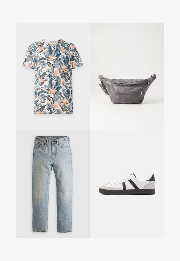 Camiseta de manga corta hecha de tela con un estampado floral tropical en tonos de verde, rosa y azul sobre un fondo blanco.; Jeans de mezclilla azul claro de cintura alta, con botón frontal, cremallera y diseño de cinco bolsillos, dispuestos sobre un fondo neutro.; Zapatilla blanca con acentos en negro y gris, que presenta una puntera texturizada en gris, suela de goma negra y cordones planos blancos. Diseño limpio, estilo minimalista.; Riñonera de ante gris con forma redondeada, dos compartimentos con cremallera y correa ajustable. Presenta acentos de metal.