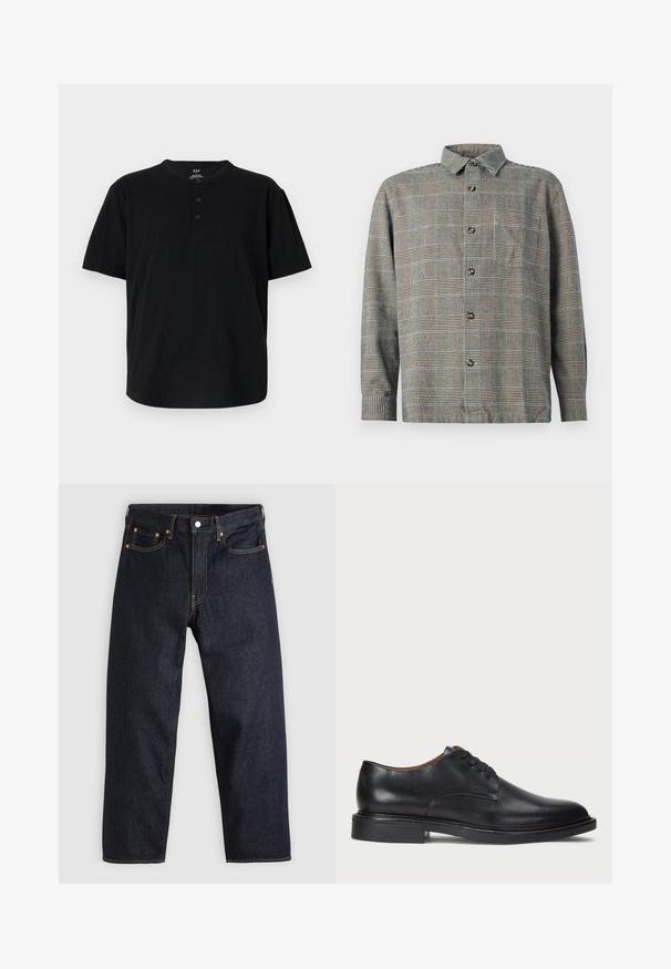 Melnā īsā piedurkne T-krekls ar apaļu kakla izgriezumu, trīs pogu apdari un brīvu piegriezumu. Izgatavots no mīksta, teksturēta auduma.; Garās piedurknes pogājama krekls bēšā un melnā pārbaudītā rakstā ar apkakli un priekšējo krūšu kabatu uz vienkrāsaina fona.; Tumši zili džinsi ar taisnu piegriezumu, piecām kabatām, kontrastējošiem apelsīnu diegiem un ar pogu aizdari. Nav redzamu rakstu vai rotājumu.; Melnas ādas kleitu kurpes ar apaļu purngalu, auklu dizainu un zemu sakrautu papēdi. Gluda virsma ar minimālām šuvju detaļām.