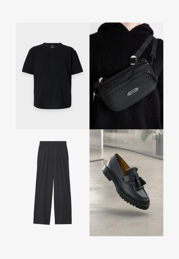 Fekete, rövid ujjú póló, kerek nyakkal, három gombos záródással és laza fazonnal. Puha, texturált anyagból készült.; Sötétszürke anyagból készült, bő szárú nadrág. Ráncokkal a deréknál, elegáns fazonnal és egyenes sziluettel rendelkezik.; Fekete bőr loafer, bojtos részletekkel, sima felülettel és gumitalppal, amely tapadási barázdákkal rendelkezik. Belső részén kontrasztos barna bélés található.; Fekete nylon keresztpántos táska állítható pánttal, sima textúrával, elülső cipzáras zsebbel és logóval díszítve.