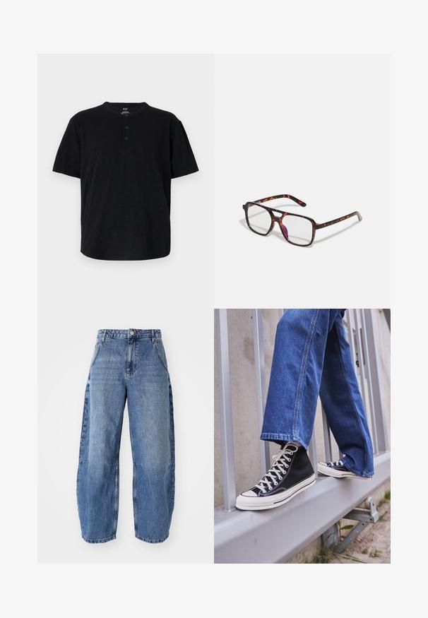 Černé tričko s krátkým rukávem, kulatým výstřihem, třemi knoflíky a uvolněným střihem. Vyrobeno z měkké, strukturované látky.; Světle modré džínové kalhoty s volným širokým střihem, vysokým pasem, pěti kapsami a viditelnými švy.; Černé vysoké tenisky s bílou podrážkou a tkaničkami, v kombinaci s volnými modrými džíny, odpočívající na šedém zábradlí.; Brýlové obruby s želvovinovým vzorem a obdélníkovými čočkami, černé a oranžové rámy, s lesklým povrchem a štíhlými nožičkami.