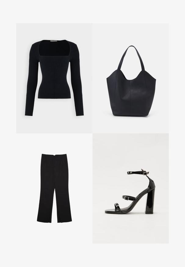 Musta ribattukangas pitkähihaine paita, jossa on neliön muotoinen pääntie. Istuva malli, joka korostaa kangasta. Pehmeä kangas, jossa on pystysuora ribbikuvio.; Mustat housut suoralinjaisella leikkauksella, joissa on etutaskut ja sivurei'ät helman alla. Valmistettu pehmeästä ja sileästä kankaasta. Sopii eri tilaisuuksiin.; Musta kiiltäväpintainen korkokengät, joissa on kaksi solkikiinnitystä, neliönmuotoinen kärki ja paksu korko, sileällä, kiiltävällä pintarakenteella.; Mustat kangaskassit, jotka on valmistettu sileästä nahasta, jossa on kaareva, avoin yläosa, kaksi olkahihnaa ja minimalistinen muotoilu.