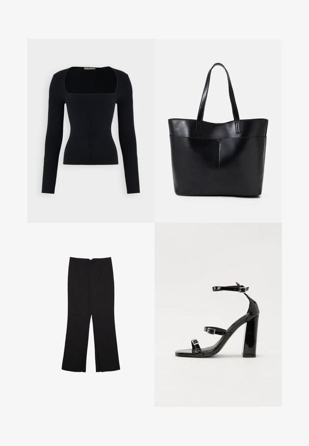 Schwarzes, geripptes Langarmoberteil mit quadratischem Ausschnitt. Enganliegendes Design, das die Textur betont. Weiches Material mit vertikalem Rippenmuster.; Schwarze Hose mit geradem Schnitt, ausgestattet mit Fronttaschen und Seitenschlitzen am Saum. Hergestellt aus weichem, glattem Stoff. Geeignet für verschiedene Anlässe.; Schwarze Lackleder-Sandalen mit hohen Absätzen, zwei Riemen mit Schnallen, quadratischer Zehenpartie und klobigem Blockabsatz, mit einer glatten, glänzenden Textur.; Schwarze Leder-Shopper-Tasche mit zwei langen Griffen, einer glatten Textur und einer strukturierten Form. Verfügt über eine Vordertasche für zusätzlichen Stauraum.