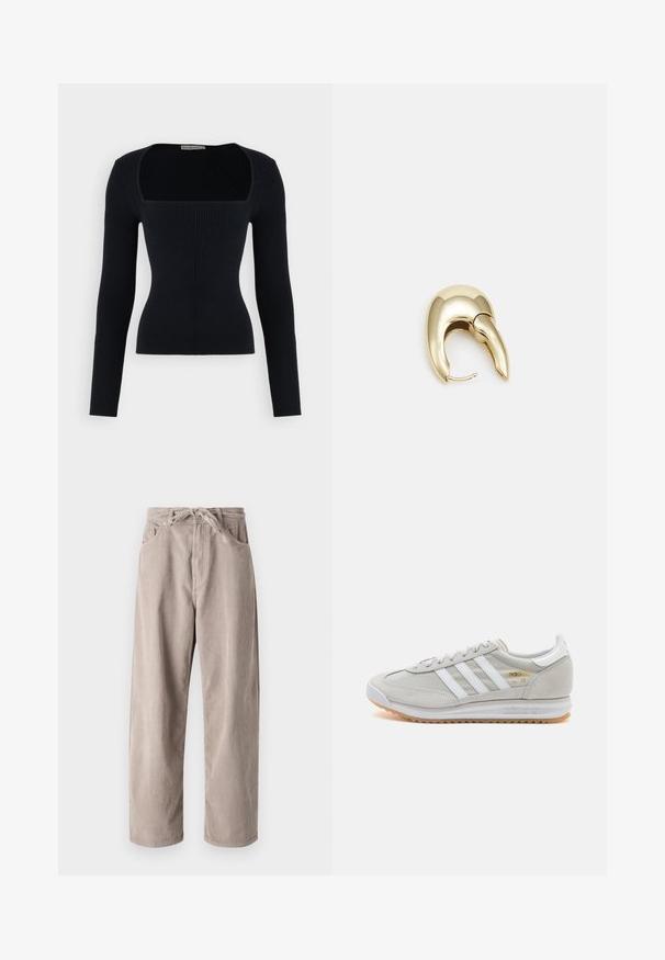 Schwarzes, geripptes Langarmoberteil mit quadratischem Ausschnitt. Enganliegendes Design, das die Textur betont. Weiches Material mit vertikalem Rippenmuster.; Beige Cordhosen mit lockerer Passform, ausgestattet mit einem Kordelzugbund, zwei Fronttaschen und vertikal geripptem Muster.; Hellgraue Sneaker aus Wildleder und Mesh, mit drei weißen Streifen, runder Zehenpartie und einer Sohle aus Gummi. Goldenes Logo-Detail nahe der Schnürsenkel.; Ohrringe aus goldfarbenem Metall mit einem schlanken, geschwungenen Design. Sie verfügen über eine markante, spitze Form, eine polierte Oberfläche und einen Scharnierverschluss.