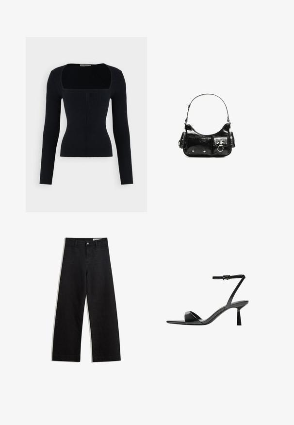 Top lungo a maniche nere a costine con scollatura quadrata. Design aderente che mette in risalto la texture. Tessuto morbido con motivo a costine verticali.; Pantaloni in denim neri a gamba larga con vita alta, dotati di tasche anteriori e posteriori, cuciture a punto, e chiusura con bottone. Texture liscia.; Bershka Sandali con tacco - black; Borsa a spalla in vernice nera con forma curvata, una tracolla, tasche frontali e dettagli in metallo argentato.; Bracciale in resina nera con superficie liscia e lucida e bordi arrotondati. Presenta un piccolo logo dorato "Pilgrim" all'interno.