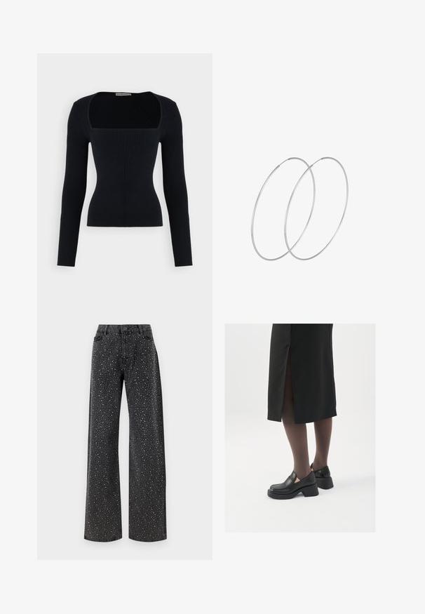 Musta ribattukangas pitkähihaine paita, jossa on neliön muotoinen pääntie. Istuva malli, joka korostaa kangasta. Pehmeä kangas, jossa on pystysuora ribbikuvio.; Noisy May NMJANNEL LOOSE - Relaxed fit -farkut - black denim; Mustat nahkakengät pyöreällä kärjellä, paksulla lohkopohjalla ja joustavilla sivuakkesseilla, yhdistettynä tummiin sukkahousuihin ja mustaan hameeseen, jossa on halkio.; Hopehope hopeilla, joissa on minimalistinen muotoilu. Pyöreä muoto, sileä pinta ja ohut profiili. Kevyet ja kiillotetut.