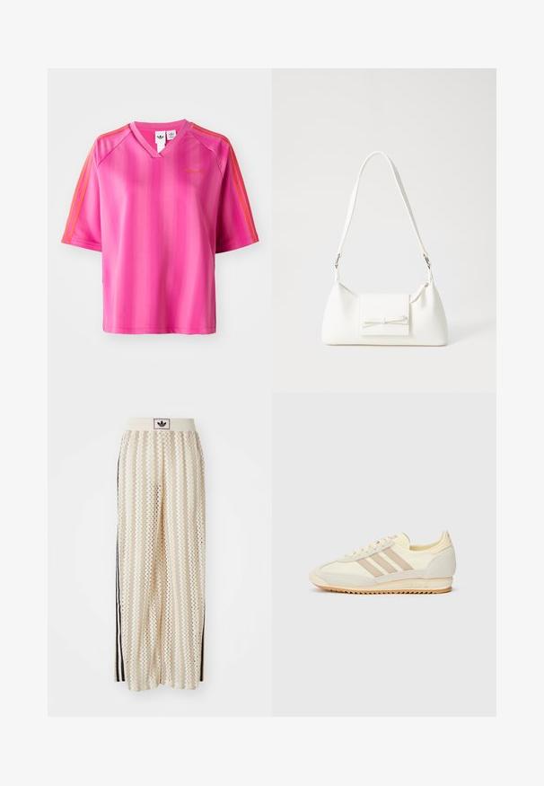 Roze sportshirt met korte mouwen en V-hals, met verticale strepen en oranje accentstrepen op de schouders. Gouden logo op de borst.; Crème kleurige wijde broek met een zigzagpatroon, met een zwarte logo tailleband en zij zwarte strepen. Lichtgewicht, gestructureerde stof.; Crème sport sneaker met drie beige strepen, suède en textielmaterialen, een gestructureerde zool en geperst logo op de hiel.; Witte synthetische handtas met een driehoekige vorm, platte voorklep en strikdetail, verstelbare schouderriem, gladde textuur en minimalistisch ontwerp.