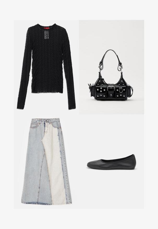 Melna garlaicīga virsma, kas izgatavota no struktūrētās mežģīnes, ar apaļu apkakli, smalku taisnstūra izgriezumu un ribotu rakstu visā virsmā.; Džinsu svārki ar aplicējumu dizainu, kas sastāv no gaiši un vidēji zilo daļu, ar nodilušiem malām un augsto jostu. Klasiskā piecu kabatu stilā.; Melna ādas baleta kurpe ar noapaļotu purngalu, gludu tekstūru, minimālu šuvju detalizāciju un elastīgu zoles dizainu.; Melnas ādas rokturmais ar izliekumu, ar sudraba iedurtiem, sprādzi un divām sānu kabatām. Regulējams siksniņas garums dažādām nēsāšanas iespējām.