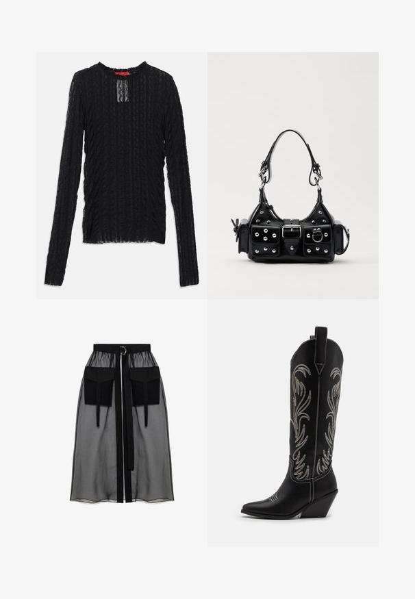Črn dolgi rokav vrh iz teksturirane čipke, z okroglo izrezom, subtilnim pravokotnim izrezom ter rebrastim vzorcem po celotni dolžini.; Črna prozorna krila z nabranim pasom, ki ima dva velika sprednja žepa, pas za zavezovanje in okroglo kovinsko dekoracijo.; Črne usnjene kavbojske čevlje s koničastimi prsti, klinastimi petami in srebrnimi vezeninami cvetnega vzorca po vsej dolžini. Kontrastno šivanje povsod.; Črna usnjena torbica s ukrivljenim dizajnom, ki vsebuje srebrne žebljičke, zaponko in dve stranski žepki. Nastavljiv trak za različne možnosti nošenja.