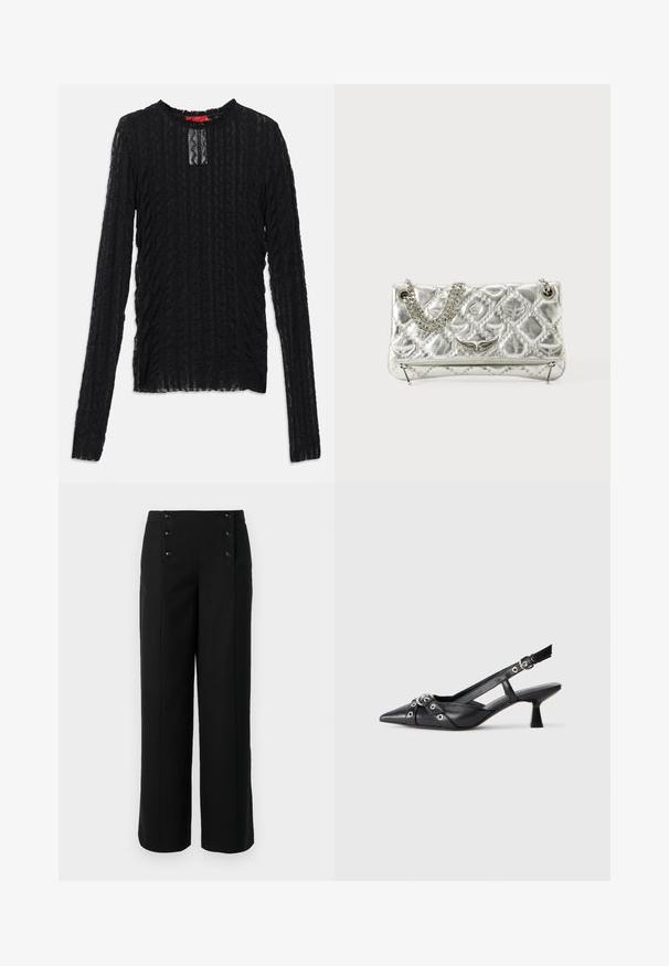 Black long-sleeve top made of textured lace, featuring a round neckline, subtle rectangular cutout, and ribbed pattern throughout.; Black wide-leg trousers made of smooth fabric, featuring a high waist and five front buttons for closure. Elegant, tailored design.; Black leather slingback shoe with a pointed toe, decorative straps featuring metal eyelets, and a low block heel. Textured surface.; Silver metallic handbag with chain handle, quilted texture, decorative stitching, and a zip closure. Features embossed accents on the front.