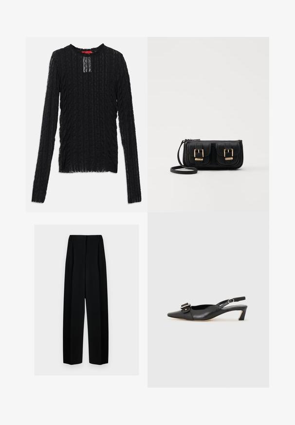Sort langærmet top lavet af tekstureret blondestof, med rund halsudskæring, diskret rektangulært udsnit og ribbet mønster gennem hele. ; Sorte vide benbukser med høj talje, der har læg og en glat tekstur. Stoffet virker let og falder elegant.; Sorte læder slingback sko med spidse tæer, lille hæl og dekorativ spænde detalje på overdelen. Glat tekstur, minimalistisk design.; Sort læder crossbody taske med to frontlommer, guldspænder, lynlåslukning og en slank rem. Struktureret overflade og kompakt rektangulær form.
